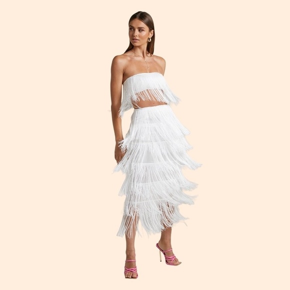 Showpo. Dresses & Skirts - NWT Showpo Amalee Fringe Midi Skirt Set White Size 4